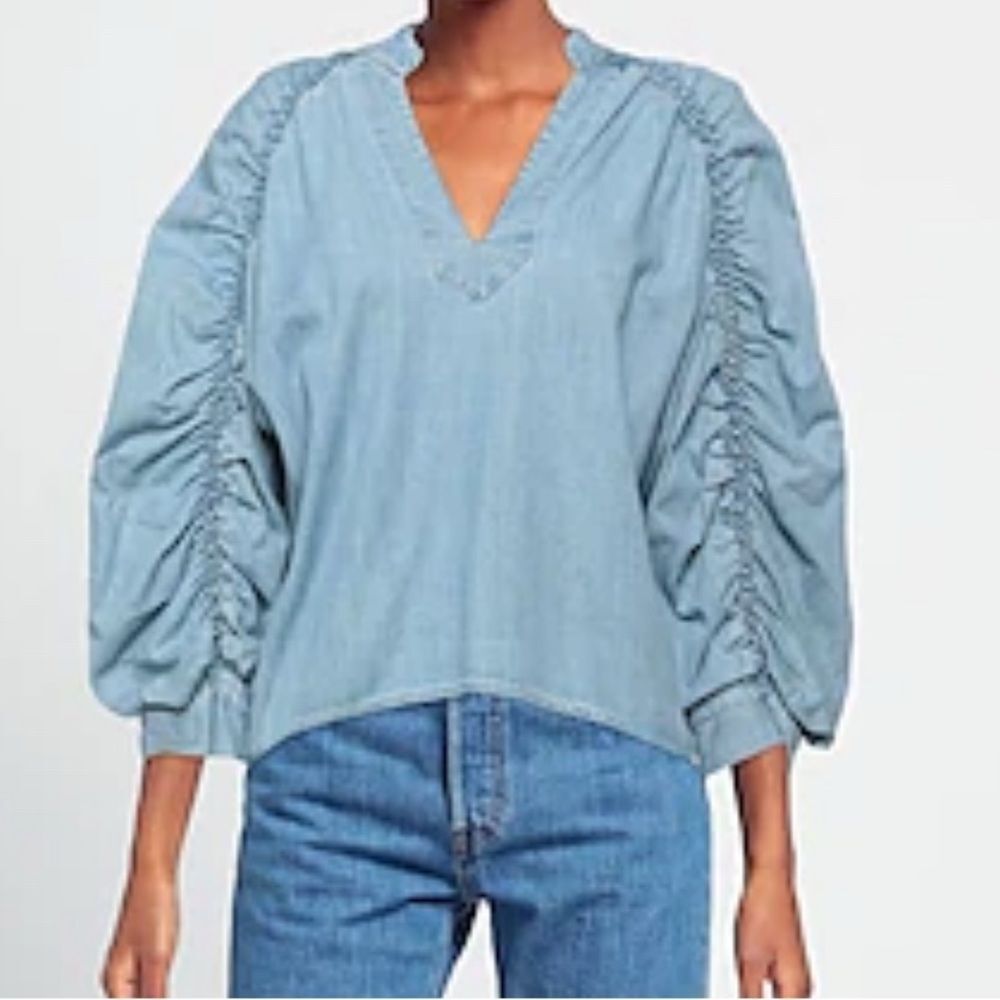 EUC Frame Washed Denim Rushed Sleeves Blouse Top V neck Sz XS